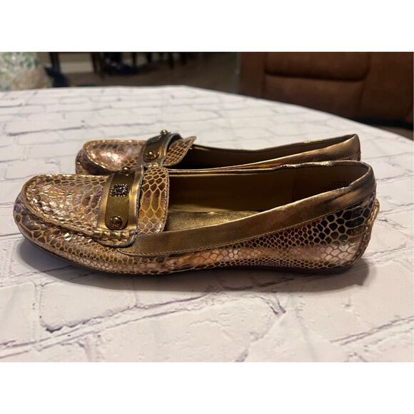 Anne Klein 6 Snake Embossed Leather Loafers Brown Metallic Iflex Comfort Shoe - Picture 4 of 9